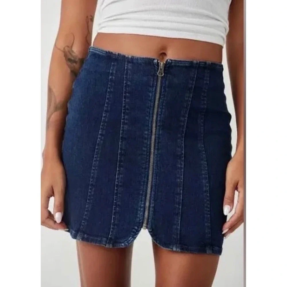 We The Free Free People Denim Mini Skirt Dark Academia Indie Sleeze Zip Size 8